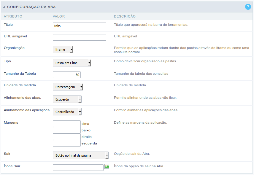 Interface da Configuração da Aba.