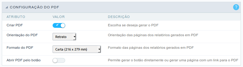 Interface Configuração do PDF.