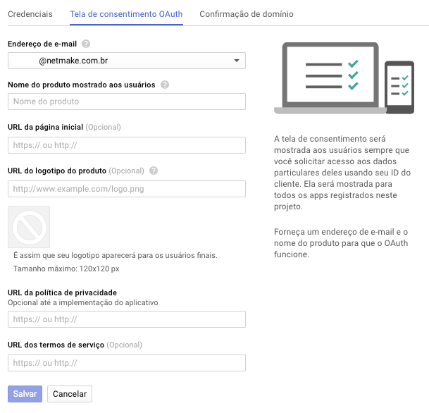 Configuração da Tela de consentimento OAuth