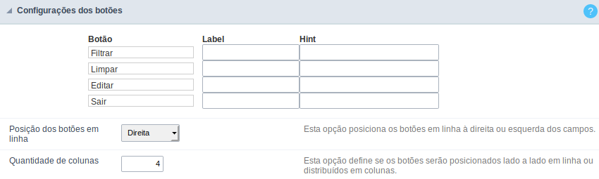 Interface da configuração dos botões.