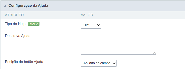 Interface de configuração da ajuda.