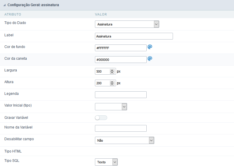 Interface de configuração do campo assinatura.