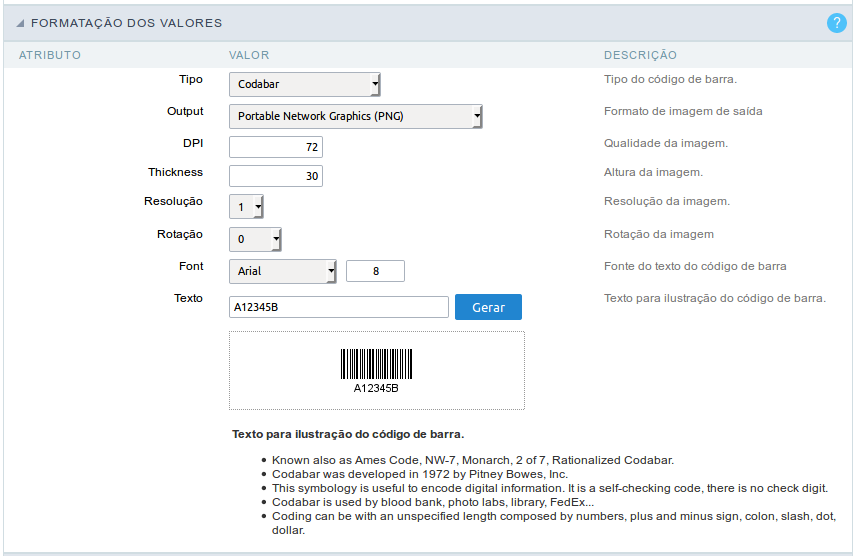 Interface de configuração do Código de barras.