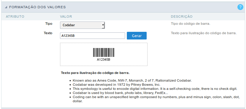 Interface de configuração do Código de barras.