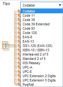 Interface de configuração do Código de barras.