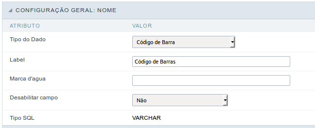 Interface de configuração do campo Código de barras.