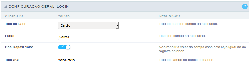 Interface de configuração do campo cartão.