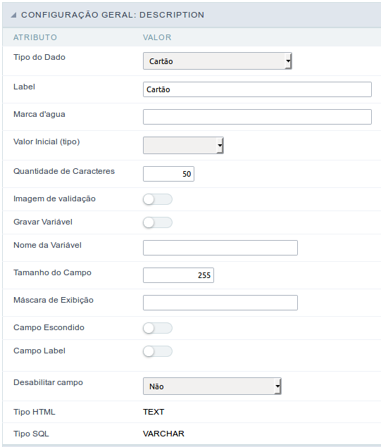 Interface de configuração do campo cartão.