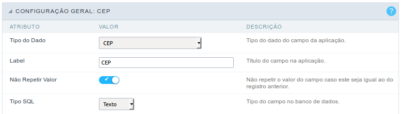 Interface de configuração do campo cep.