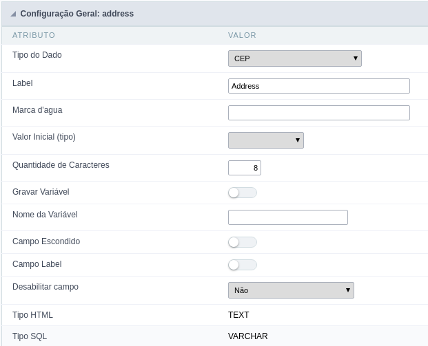 Interface de configuração do campo cep.