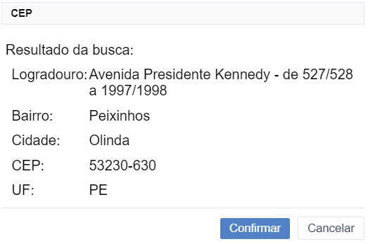 Exemplo da tela de confirmação dos dados