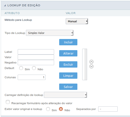 Interface Lookup de Edição Manual.