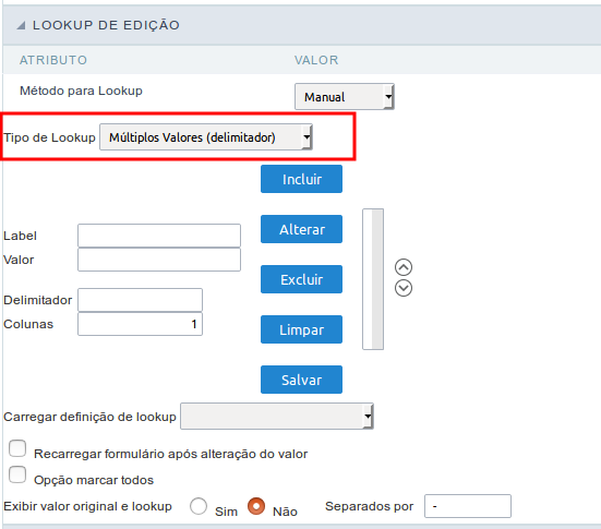 Interface de configuração de Lookup de edição manual