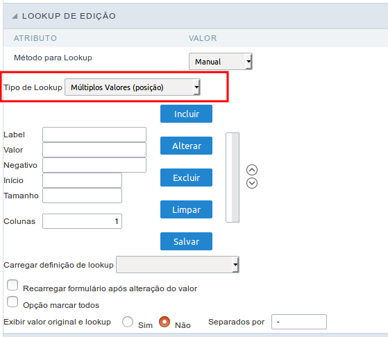 Interface de configuração de Lookup de edição manual