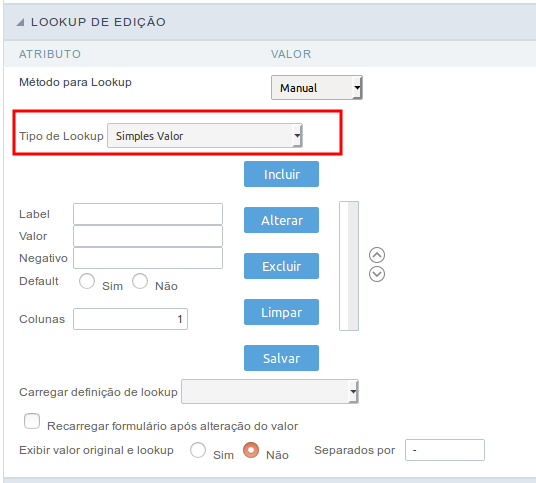 Interface de configuração de Lookup de edição manual