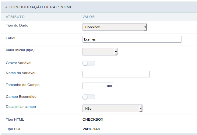 Interface de configuração do campo checkbox.