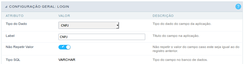 Interface de configuração do campo cnpj.