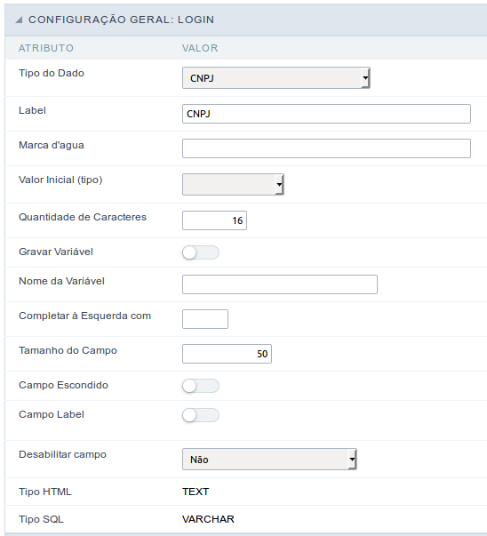 Interface de configuração do campo cnpj.