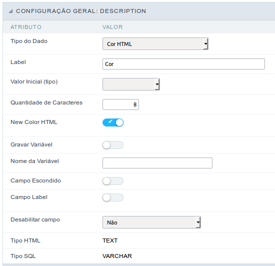 Interface de configuração do campo Cor HTML.