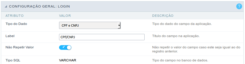 Interface de configuração do campo cpf e cnpj.