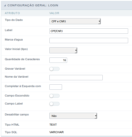 Interface de configuração do campo cpnf e cnpj.