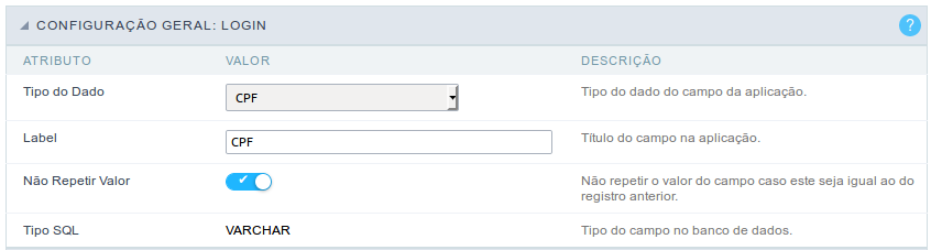 Interface de configuração do campo cpf.