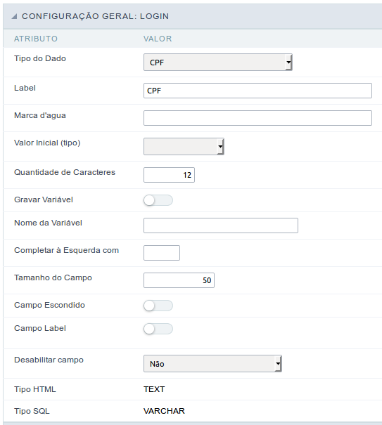 Interface de configuração do campo cpf.