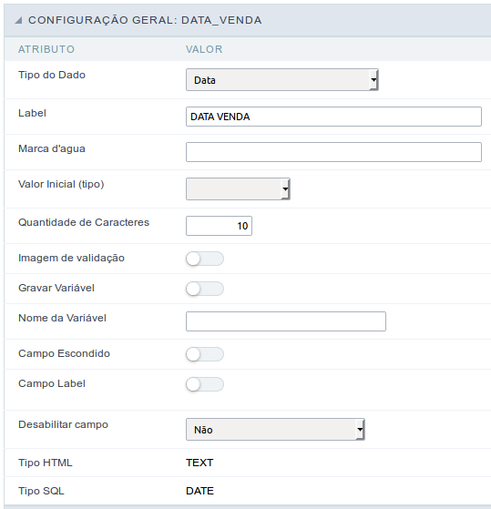 Interface de configuração do campo data.