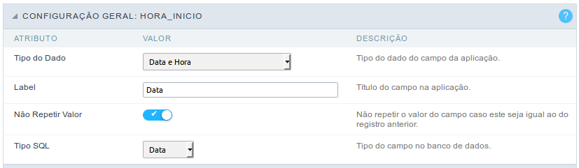 Interface de configuração do campo data e hora.