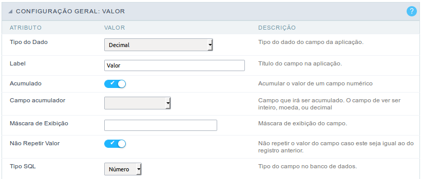 Interface de configuração do campo decimal.