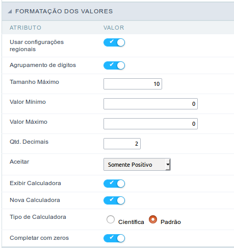 Interface de formatação de valores.