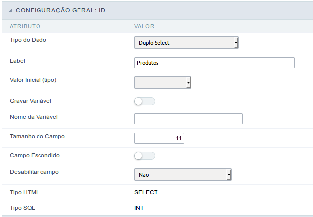 Interface de configuração do campo duplo select.