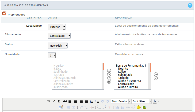 Interface de configuração da barra de ferramentas do Editor HTML.