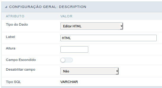 Interface de configuração do campo Editor HTML.