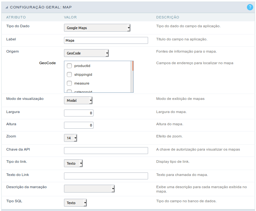 Interface de configuração do campo googlemaps.