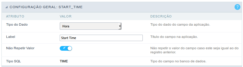 Interface de configuração do campo hora.