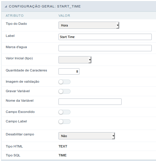 Interface de configuração do campo hora.