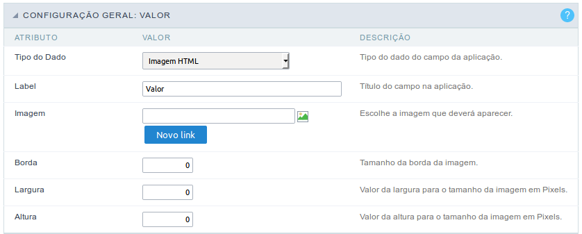 Interface de configuração do campo imagem html.