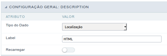 Interface de configuração do campo Localização.