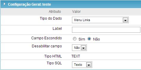 Interface de configuração do campo Menu Links.