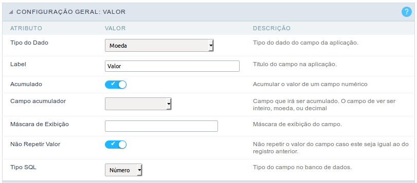 Interface de configuração do campo moeda.