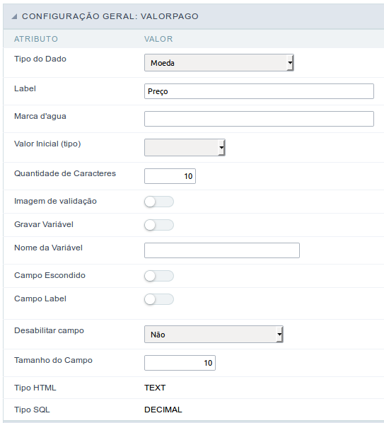 Interface de configuração do campo moeda.