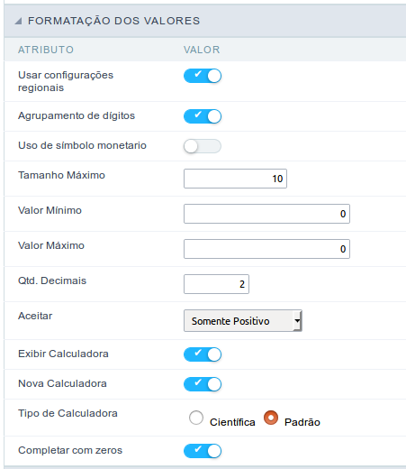 Interface de formatação de valores.