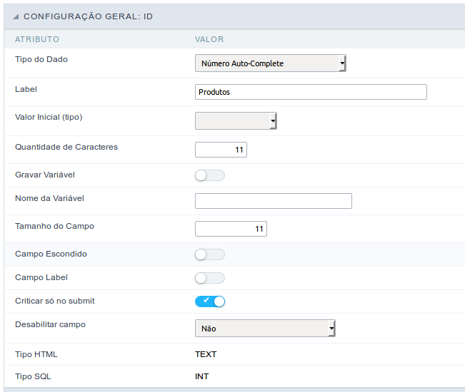 Interface de configuração do campo número auto complete.