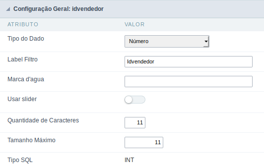 Interface de configuração do campo número.