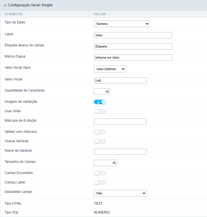 Interface de configuração do campo número.