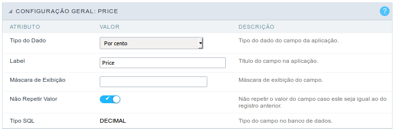 Interface de configuração do campo porcentagem.