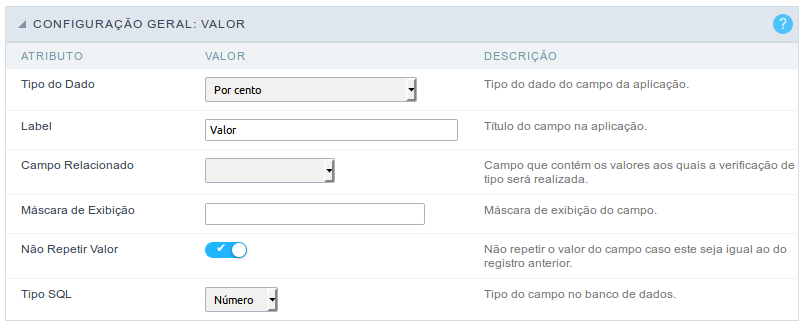 Interface de configuração do campo porcentagem calculado.