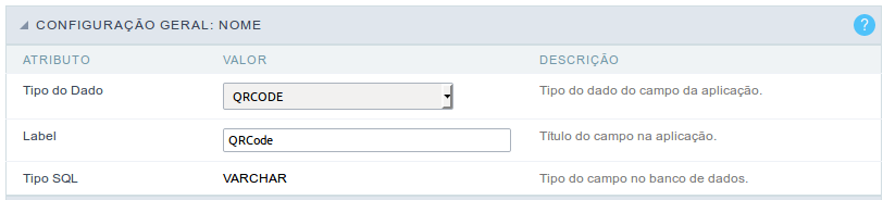 Interface de configuração do campo QRCODE.