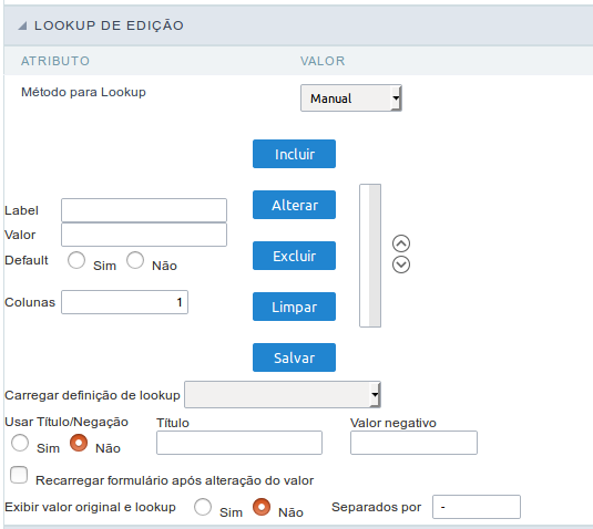 Interface Lookup de Edição Manual.